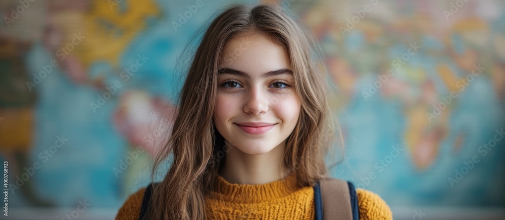 Wall mural Smiling Young Woman with World Map Background