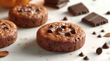 Warm chocolate chip cookies surrounded by dark chocolate pieces invite indulgence