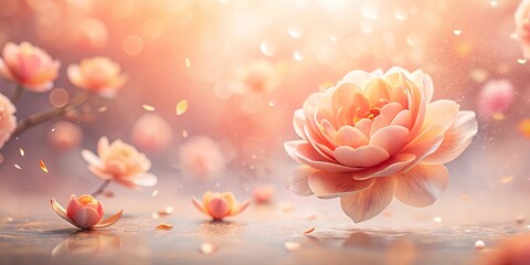 A delicate flower floats in a cascade of soft petals, illuminated by a warm, ethereal light.