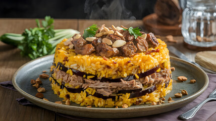A delicious Maqluba dish with golden rice, tender meat, and layered eggplant, beautifully arranged and garnished with roasted almonds and parsley, served on a large round platter.







