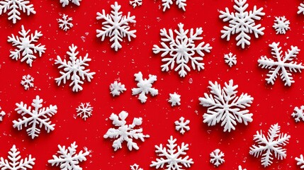White Snowflakes on red background seamless pattern. Christmas background