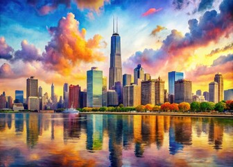 Vibrant Watercolor Cityscape of Chicago Showcasing Iconic Architecture and Serene Lakefront Views