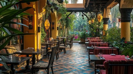 Obraz premium View of an outdoor seating area in a South Asian restaurant with a garden view. No people, copy space available