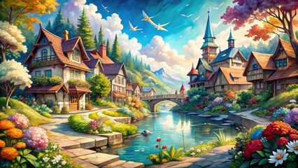 Obraz premium Vibrant Watercolor Comics Illustrations Featuring Fantasy Characters and Whimsical Landscapes