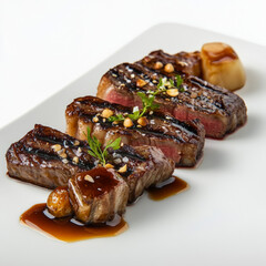 French Teppanyaki, Steak, Caramel, Food Photography, Michelin Kitchen Style on White Background