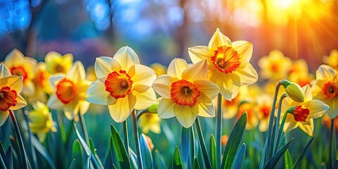 Fototapeta premium Vibrant Watercolor Daffodils Blooming in Springtime - Nature's Beauty Captured in Soft Hues