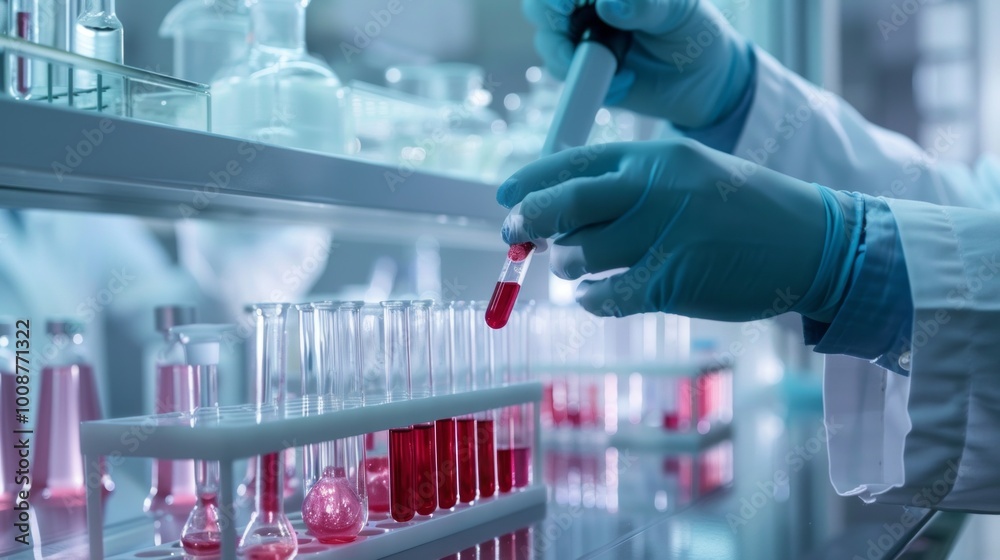 Poster a scientist is working with red liquid in a lab
