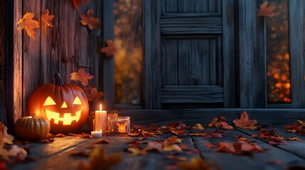 Obraz premium A pumpkin with a smiley face on it sits on a porch next to candles and leaves. The scene is set in autumn, with the pumpkin and leaves adding a festive touch to the setting. The candles provide a warm