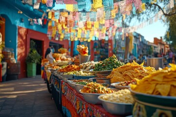 Fototapeta premium Street Food Market Stall with Colorful Decorations and Delicious Mexican Dishes