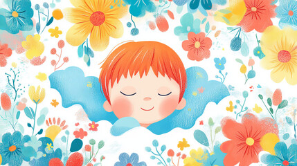 This is a cute illustration of a child surrounded by flowers and clouds. It's drawn in a colorful crayon style, perfect for school projects or kids' artwork.
