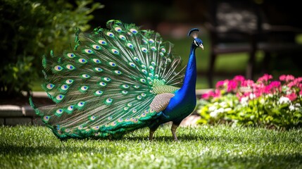 A vibrant peacock displaying its colorful feathers in a garden setting.