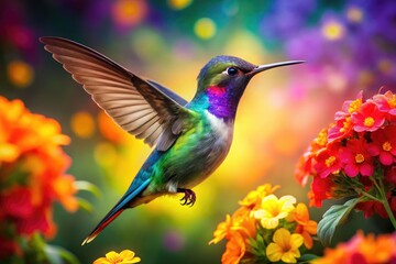 Fototapeta premium Vibrant Watercolor Hummingbird Art with Lush Floral Background and Bright Colorful Accents