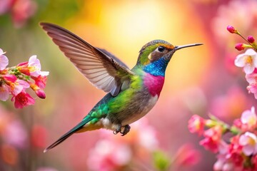 Vibrant Watercolor Hummingbird in Flight with Colorful Blossoms Against a Soft Background