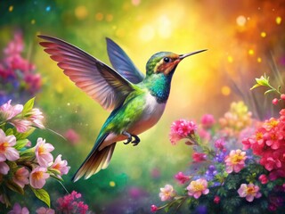 Fototapeta premium Vibrant Watercolor Hummingbird in Flight Surrounded by Colorful Blossoms and Lush Greenery