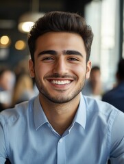 Obraz premium Happy Smiling Young Man in Business Casual Sitting in Restaurant
