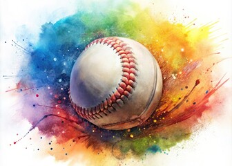 Vibrant Watercolor Illustration of a Baseball with a Splash of Color and Artistic Brush Strokes