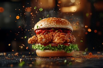 Delicious Crispy Chicken Burger with Sauce and Spices