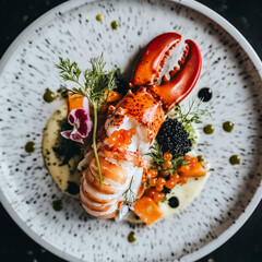 Gourmet plate, a lobster (shelled and without the claws) with caviar on it, small prestigious vegetables and some small flowers for decoration. 