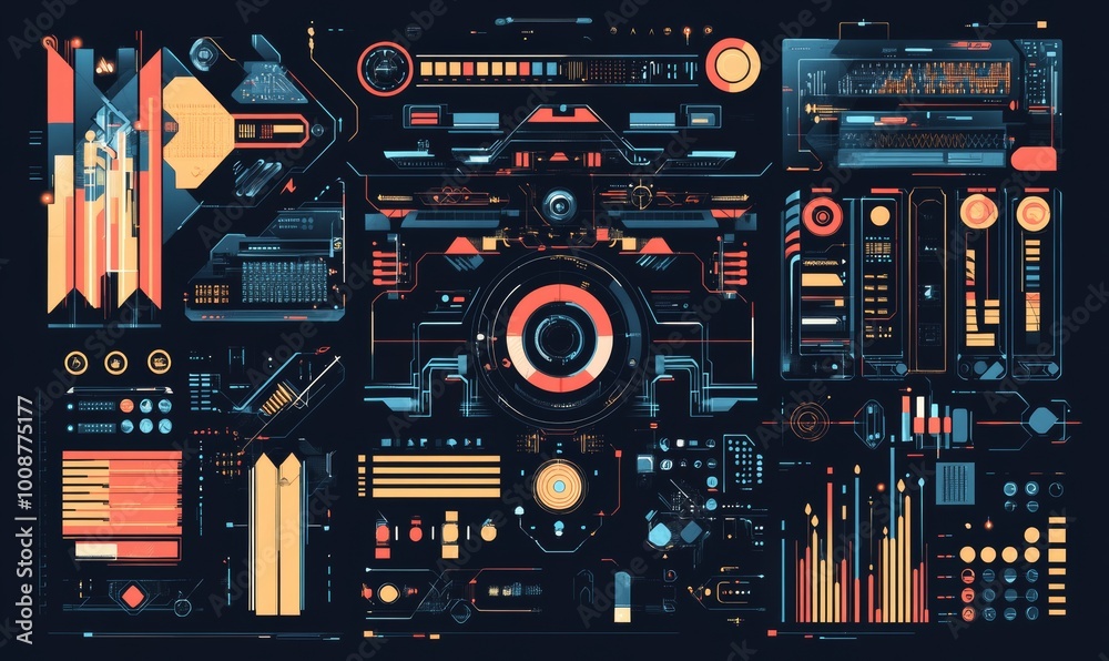 Poster set hud interface elements - lines, circles, pointers, frames, bars for web applications