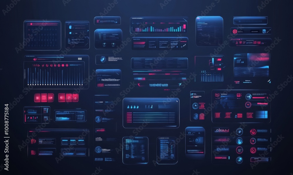 Poster Set HUD Interface Elements - Lines, Circles, Pointers, Frames, and Bar for Web Applications