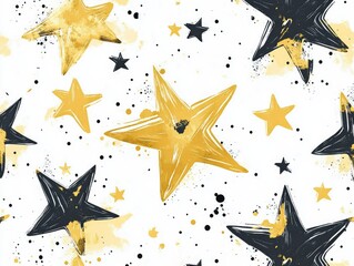 Hand-Drawn Vector Star Garland Seamless Pattern in Gold and Black on White Background