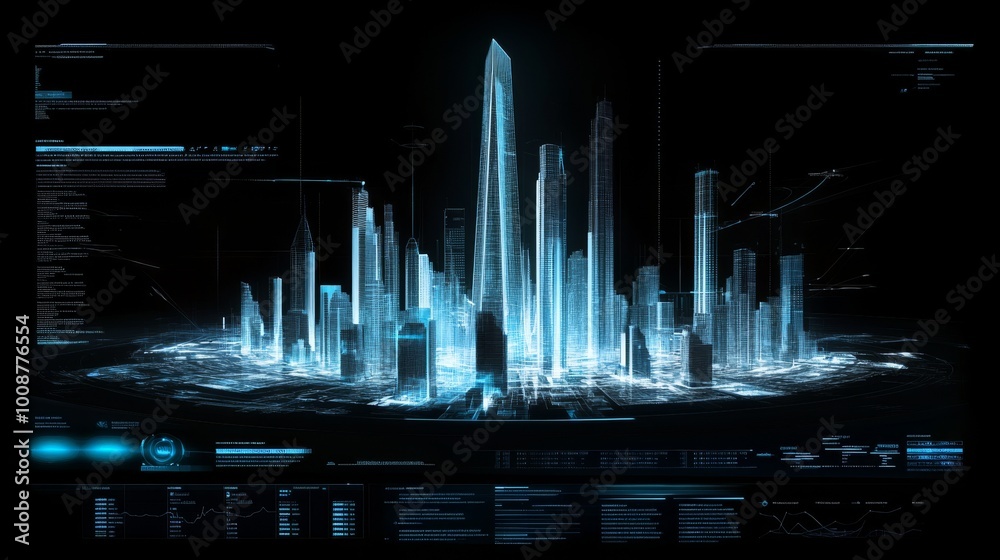 Poster display screen with digital holographic city telemetry information for digital background computer d