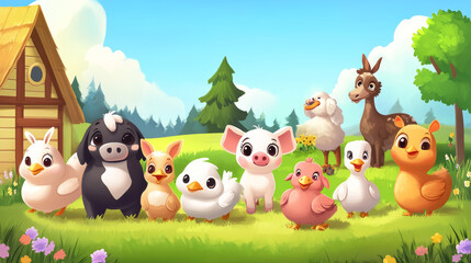 This set of cute cartoon pictures shows farm animals like dogs, cats, pigs, donkeys, goats, turkeys, rabbits, cows, pigeons, sheep, chickens, ducks, and hens.