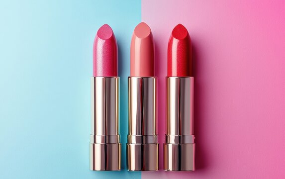 Vibrant lipsticks displayed in shades of pink, adding a pop of color to any beauty routine, perfect for cosmetics and makeup visuals.