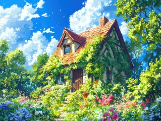 Fototapeta premium Fairytale Cottage Surrounded by Blooming Flowers in a Lush Garden, AI Generation