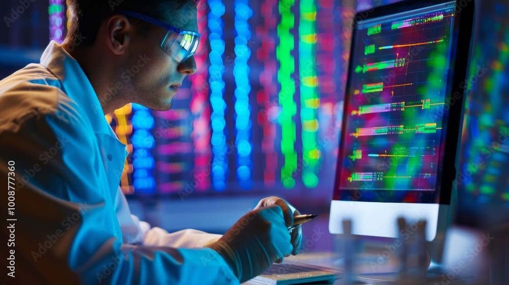 Poster A man in a lab coat is working on a computer monitor with a pen in his hand