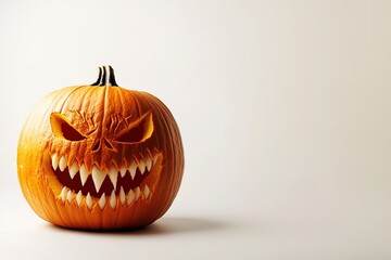 Jack-o'-lanterns orange halloween pumpkin head with the sharp teeth and scary facial expression, isolated over the white background
