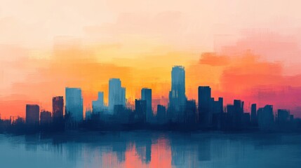 Fototapeta premium A vibrant skyline silhouette against a stunning sunset, featuring colorful hues of orange, pink, and blue, reflecting on calm water.