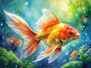 Vibrant Watercolor Painting of a Goldfish Swimming Gracefully in a Serene Aquatic Environment