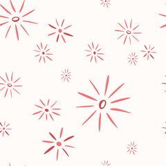 Festive hand-drawn pattern in doodle style with bright fireworks on a light background