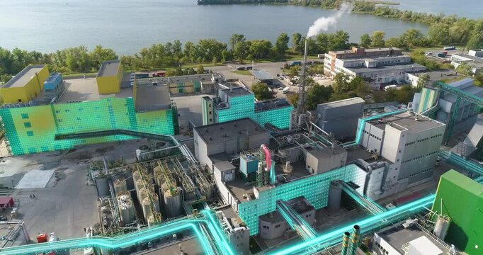 Food processing plant. Food processing plant aerial view. Smart food processing plant. Food processing plant concept