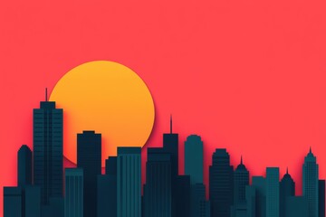 Fototapeta premium A vibrant sunset silhouette over a modern city skyline, showcasing tall buildings against a striking red backdrop and a bold yellow sun.