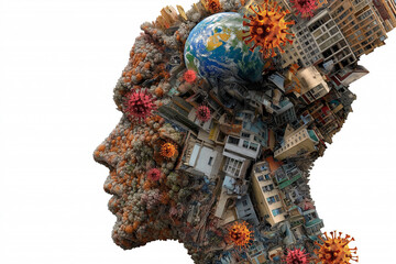 A human head shaped like globe, surrounded by virus particles and urban structures, symbolizes impact of pandemic on world. This striking image evokes sense of urgency and reflection