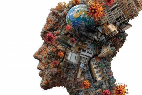 A human head shaped like globe, surrounded by virus particles and urban structures, symbolizes impact of pandemic on world. This striking image evokes sense of urgency and reflection
