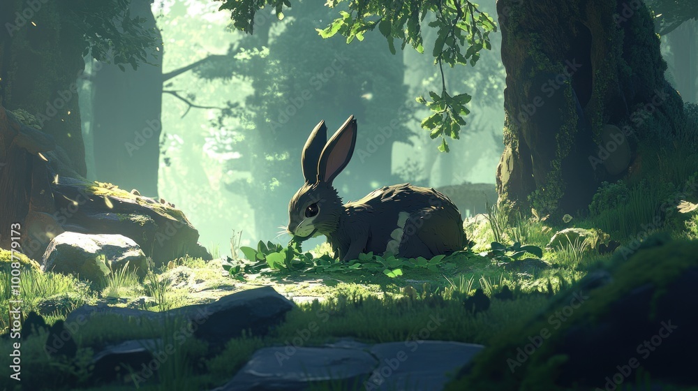 Wall mural A serene forest scene featuring a resting rabbit surrounded by lush greenery and soft light.