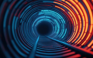 Obraz premium A mesmerizing digital tunnel illuminated with vibrant blue and orange lines, creating a futuristic and dynamic atmosphere.