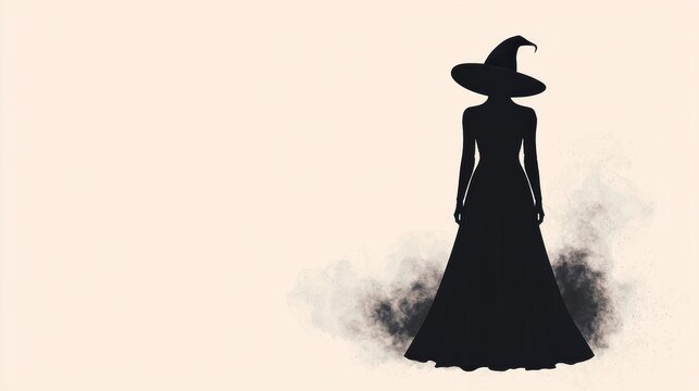 A mysterious silhouette of a witch wearing a pointed hat against a soft, textured background, evoking enchantment and intrigue.