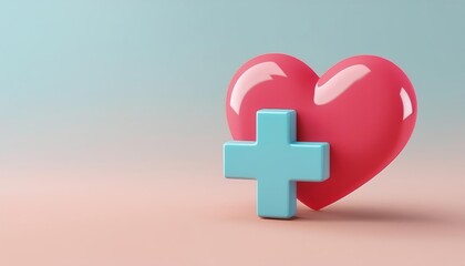 Obraz premium A colorful 3D heart alongside a cross symbol, representing love, health, and care in a soothing, minimalistic design.