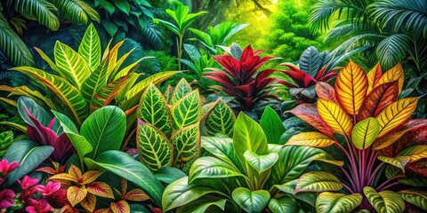 Vibrant Watercolor Painting of Lush Green Plants and Foliage in a Bright and Colorful Composition