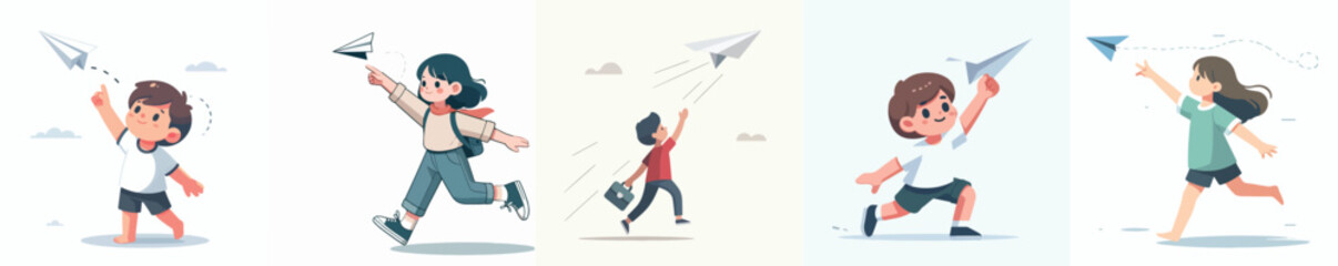 vector set of people playing with paper airplanes in a flat design style