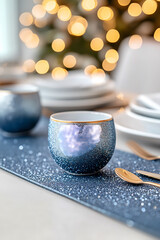 Décor de Noël luxueux avec tasse métallique et bokeh lumineux