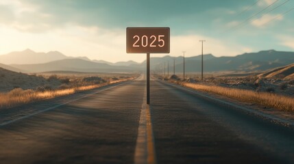 A solitary road sign stands in the center of an empty highway, displaying the year 2025 against a backdrop of mountains and a colorful sunset sky. The serene atmosphere invites exploration