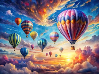 Fototapeta premium Vibrant Watercolor Paintings of Hot Air Balloons Floating in a Dreamy Sky with Soft Pastel Clouds
