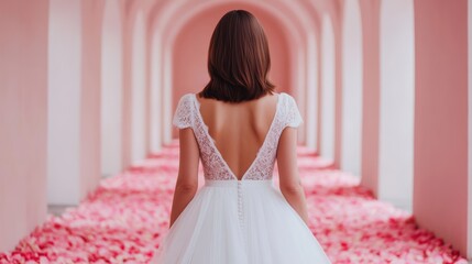 Fototapeta premium A bride walks through an enchanting corridor of rose petals, showcasing elegance and romance in a dreamy setting.