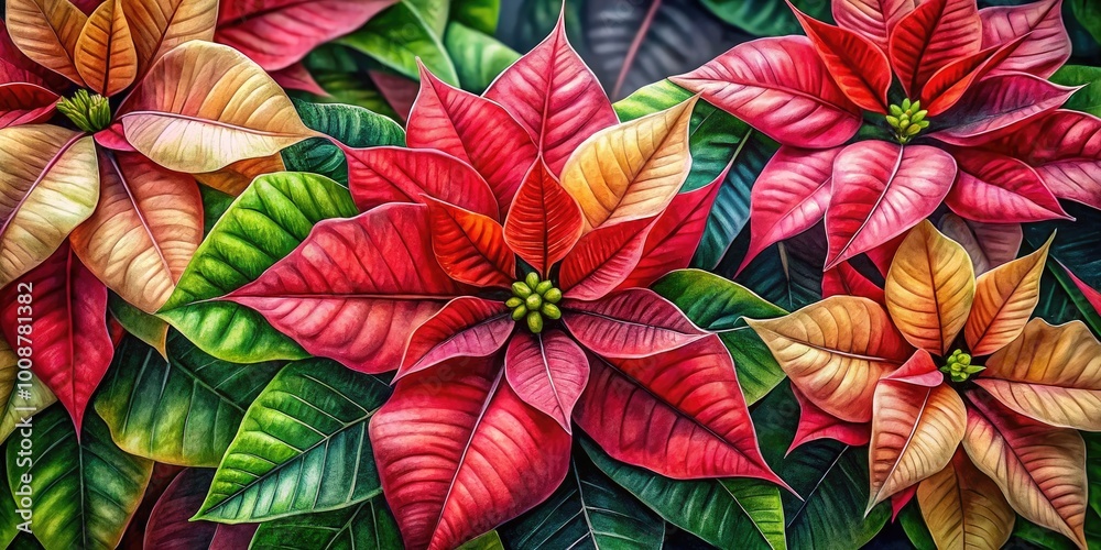 Wall mural Vibrant Watercolor Paintings of Poinsettias Showcasing Holiday Spirit and Natural Beauty in Art