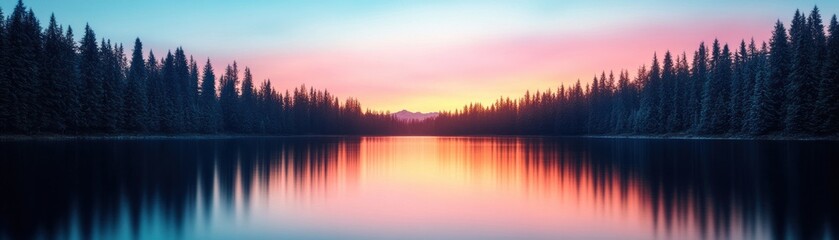 Obraz premium A serene landscape at dusk, showcasing a tranquil lake reflecting vibrant colors of the sunset amidst towering pine trees.